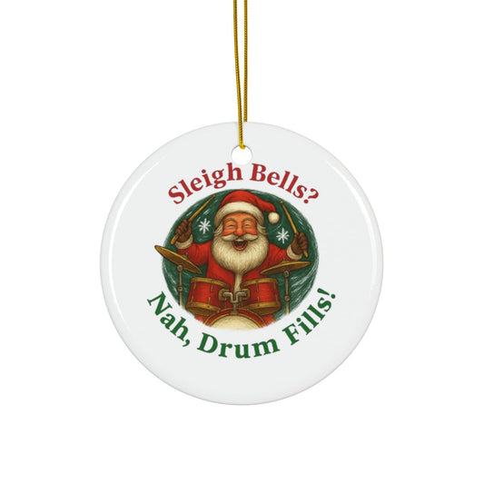 Round Christmas ornament with Santa Claus and humorous text on a white background