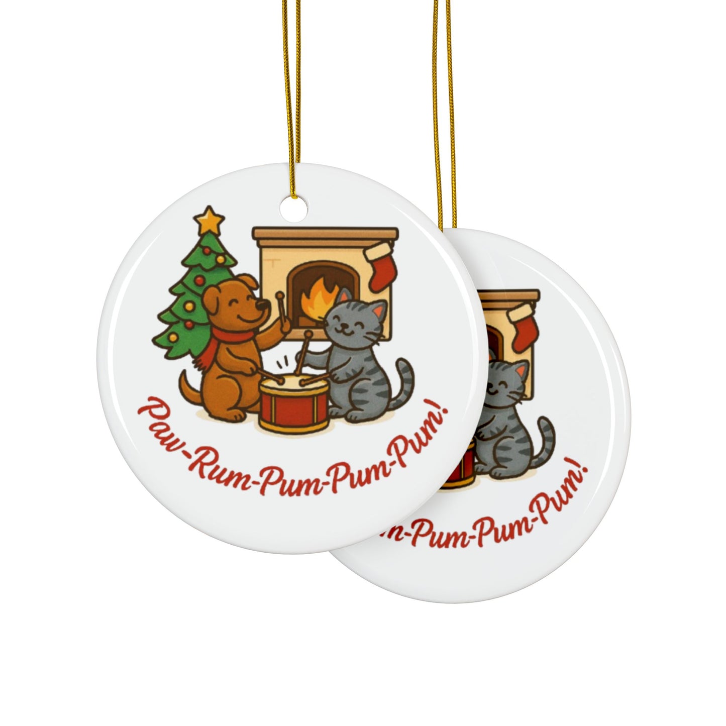 Two Christmas-themed ceramic ornaments with dogs and cats by a fireplace and Christmas tree, featuring the text 'Paw-Rum-Pum-Pum-Pum!'.