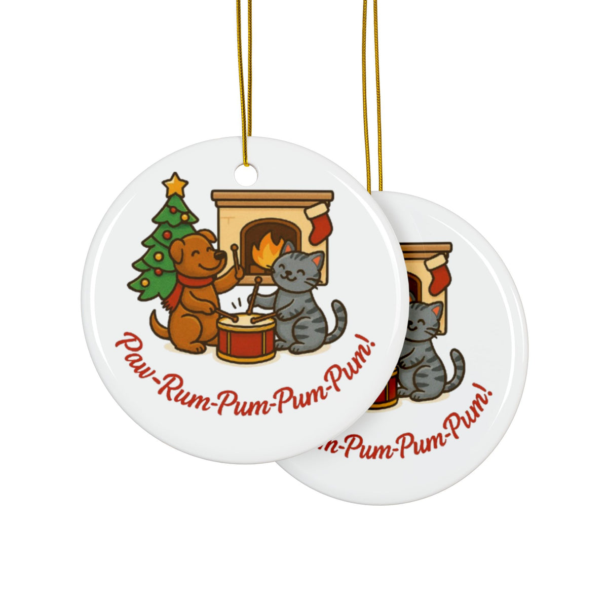 Two Christmas-themed ceramic ornaments with dogs and cats by a fireplace and Christmas tree, featuring the text 'Paw-Rum-Pum-Pum-Pum!'.