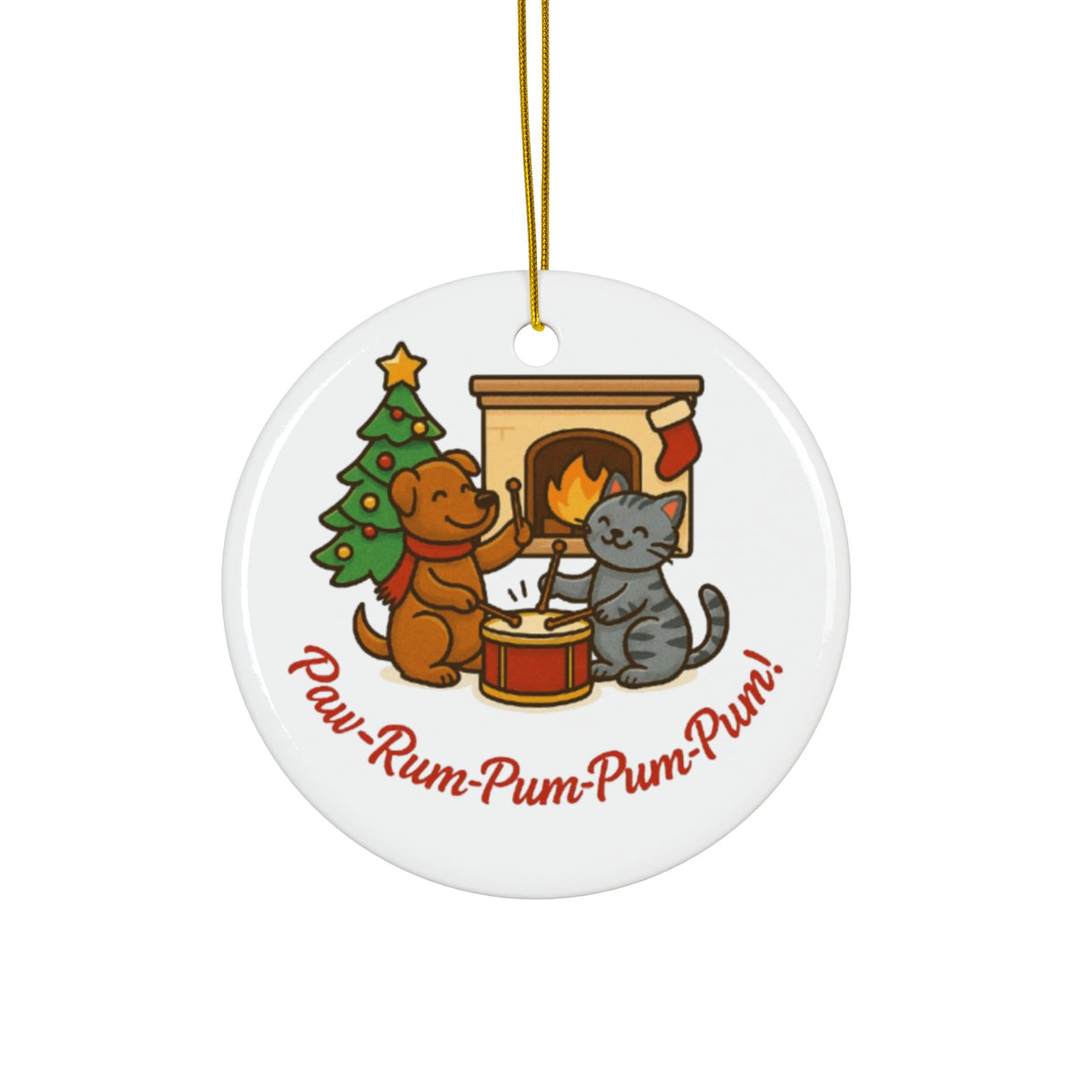 Circular Christmas ornament with a dog and cat by a fireplace and tree, featuring the text 'Paw-Rum-Pum-Pum-Pum!'.