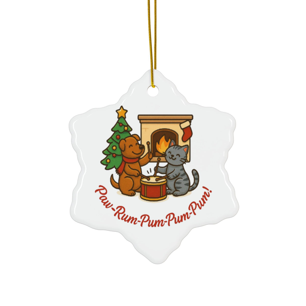 Christmas ornament with a dog and cat by a fireplace and Christmas tree, with 'Paw-Rum-Pum-Pum!' text.