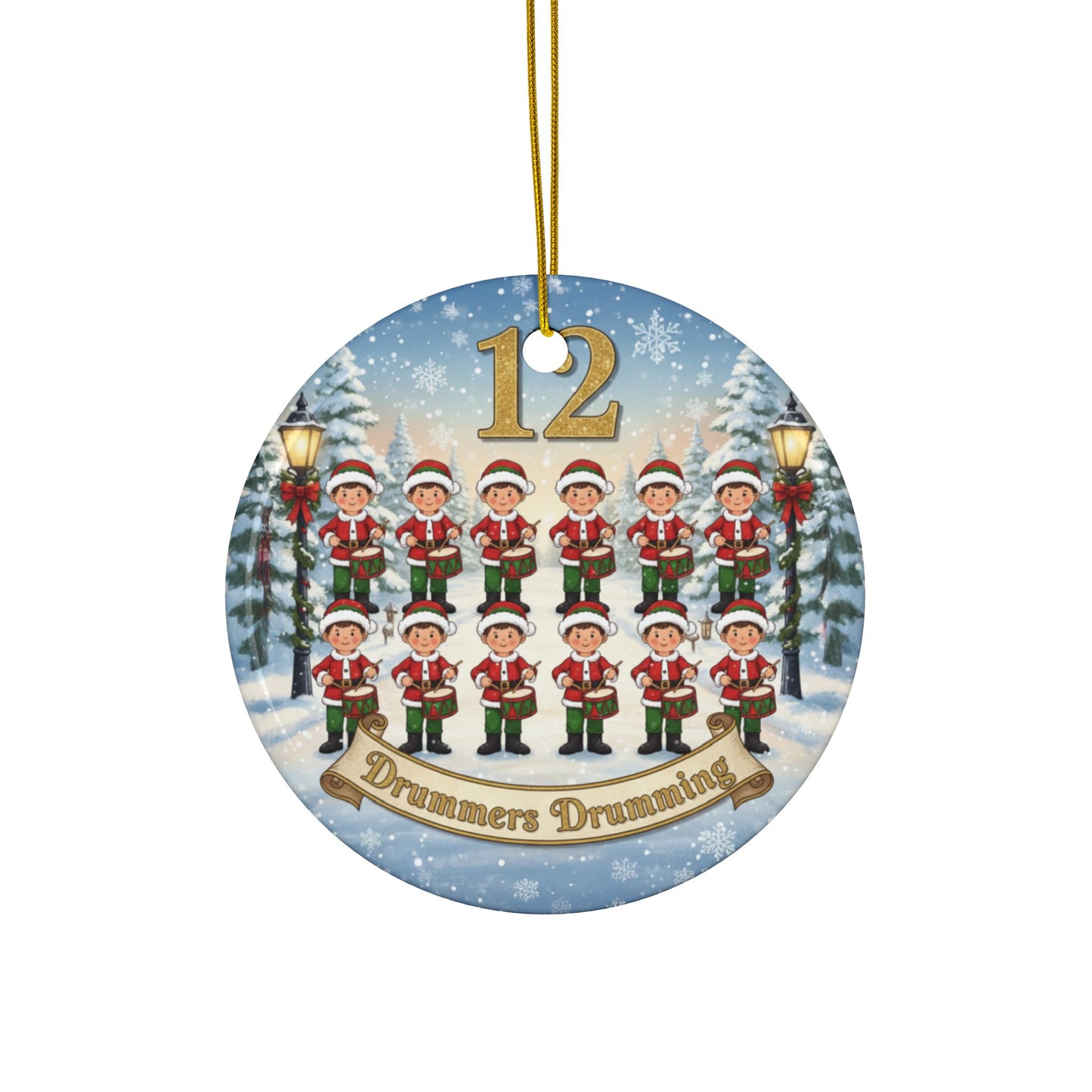 Circular Christmas ornament with 12 drummers drumming design on a snowy background.
