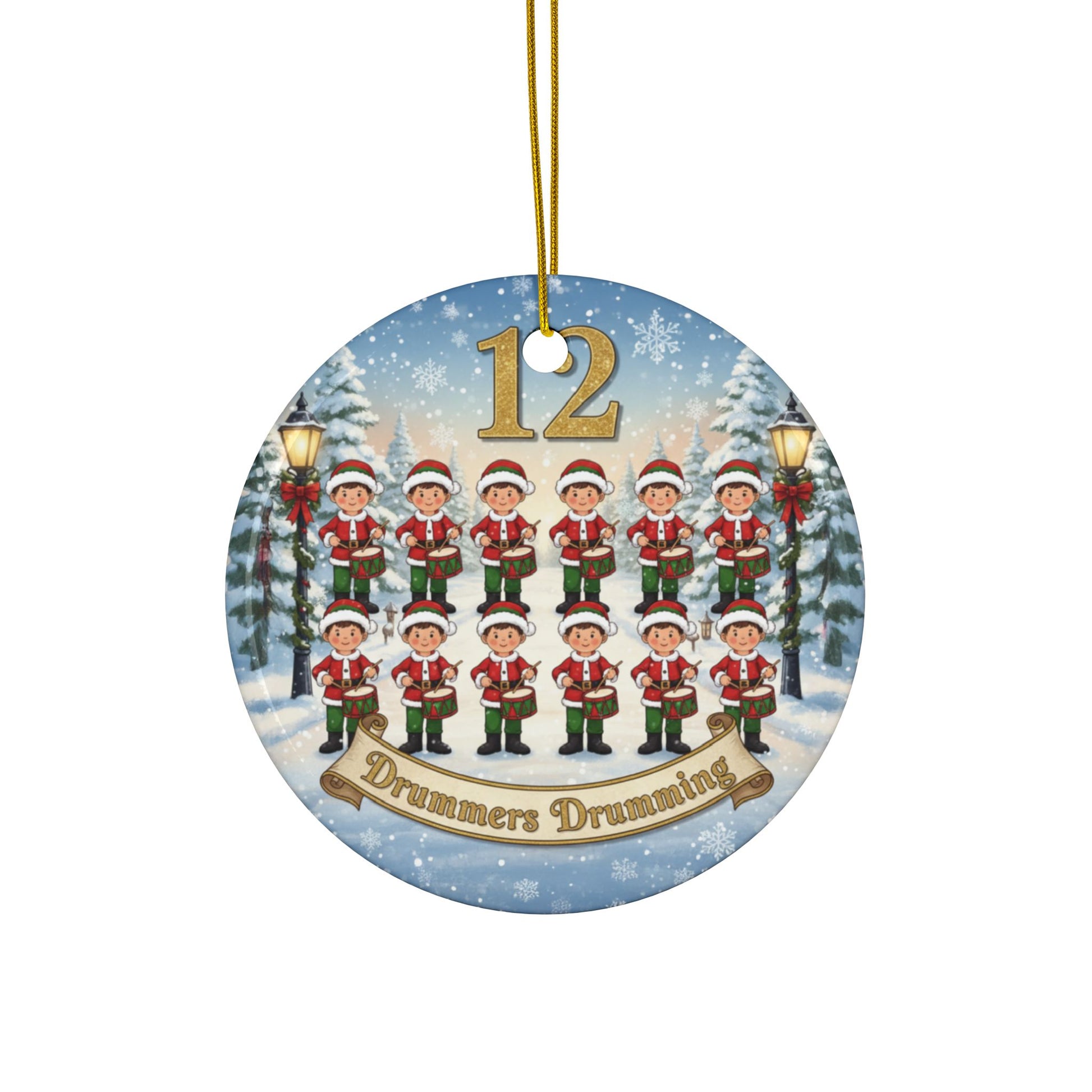 Circular Christmas ornament with 12 drummers drumming design on a snowy background.