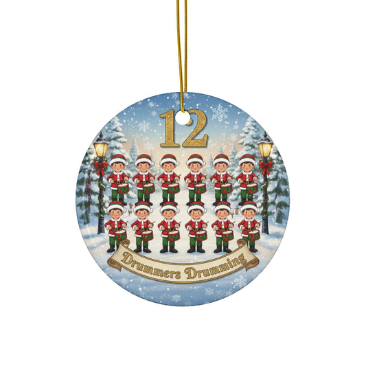 Circular Christmas ornament with 12 drummers drumming design on a snowy background.