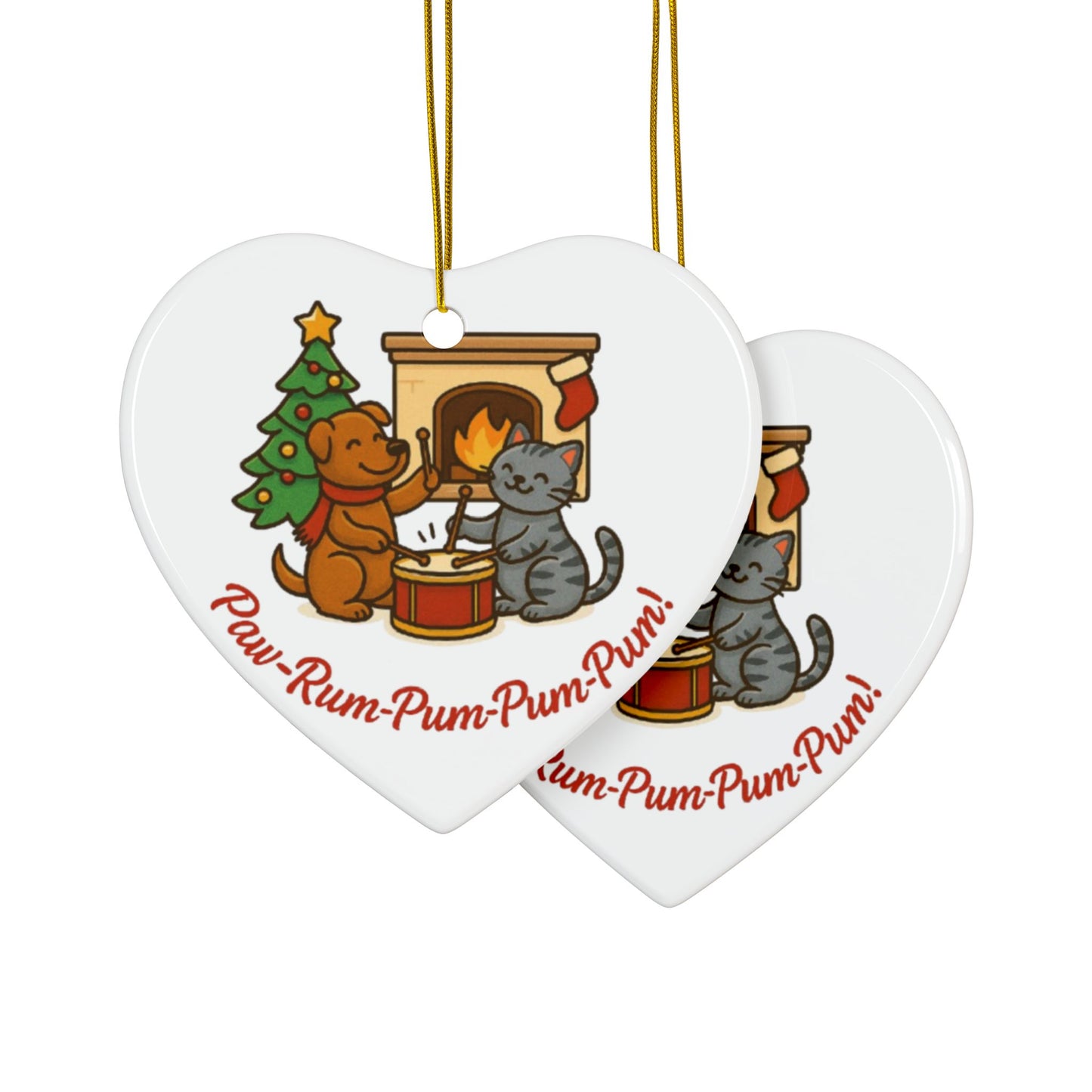 Heart-shaped Christmas ornament with dogs and a cat by a fireplace, featuring the text 'Raw-Rum Pum-Pum-Pum!'.