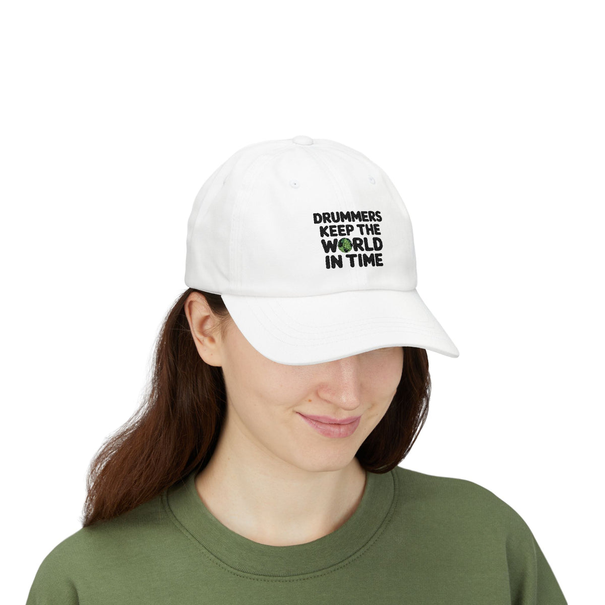 Model wearing a white cap with text 'Drummers Keep the World in Time'.