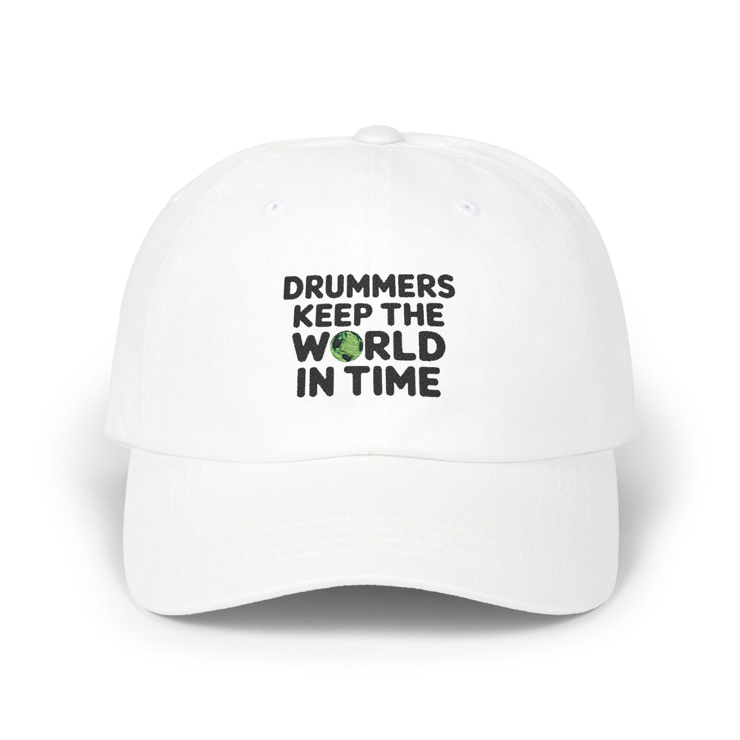 White baseball cap with the text 'Drummer keep the world in time' printed on the front.