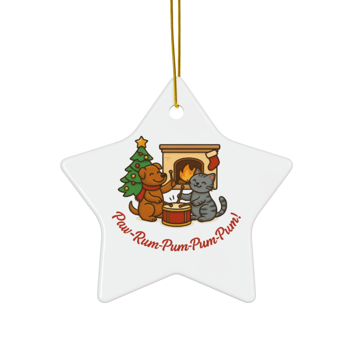 Star-shaped Christmas ornament with a dog and cat by a fireplace and tree, featuring the text 'Paw-Run-Pum-Pum'.