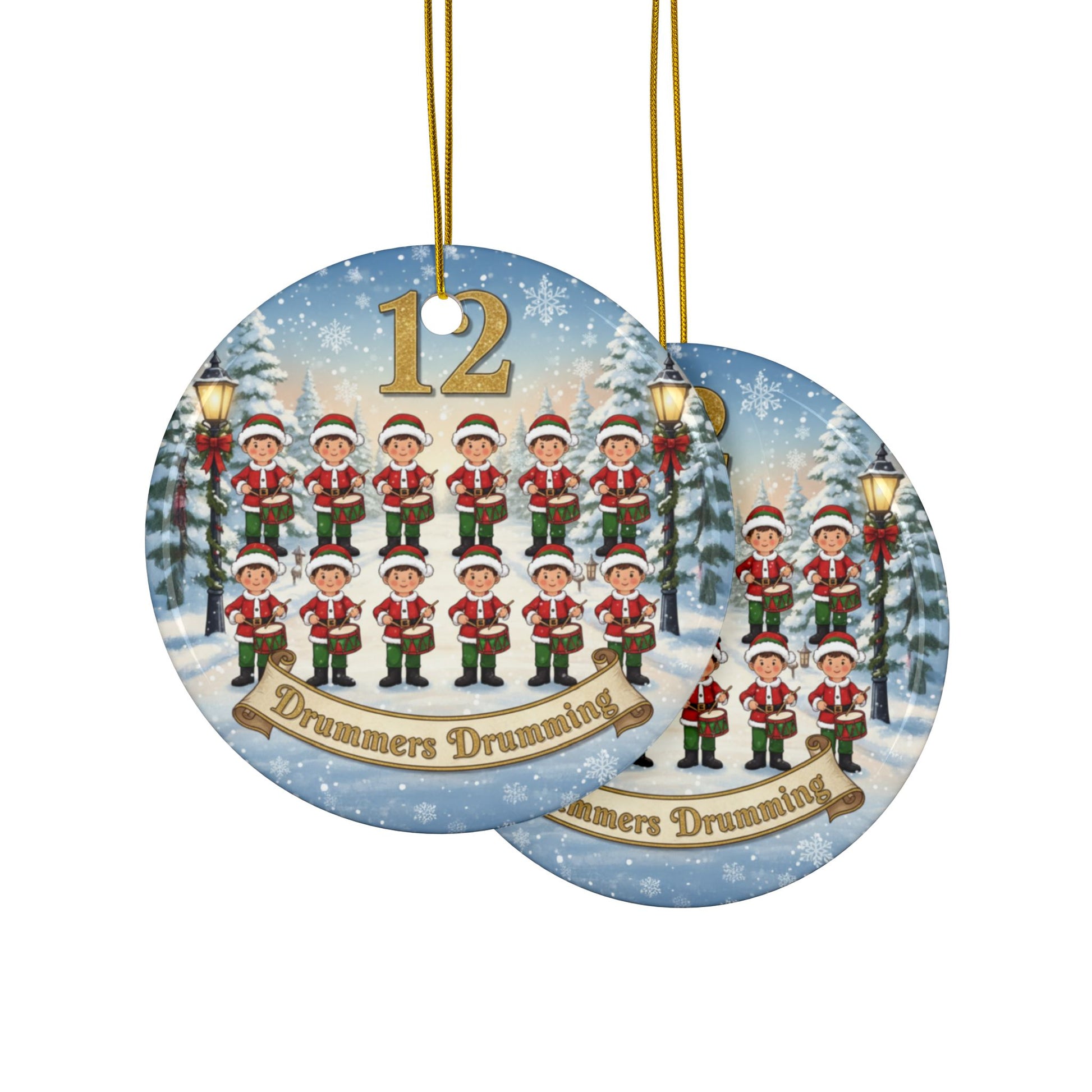 Christmas ornament with 12 drummers drumming design on a snowy background